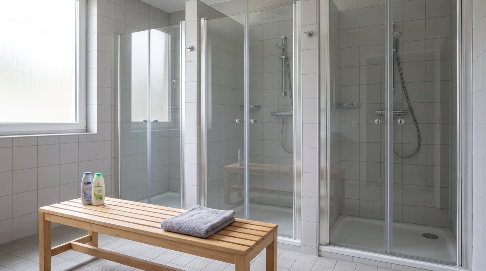 Row of glass shower stalls in a fitness club locker room