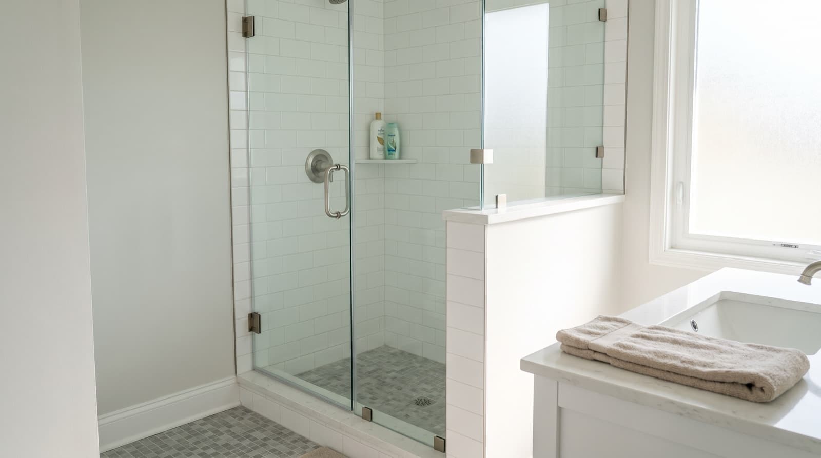 Frameless glass shower door and fixed panel on a tiled walk-in shower