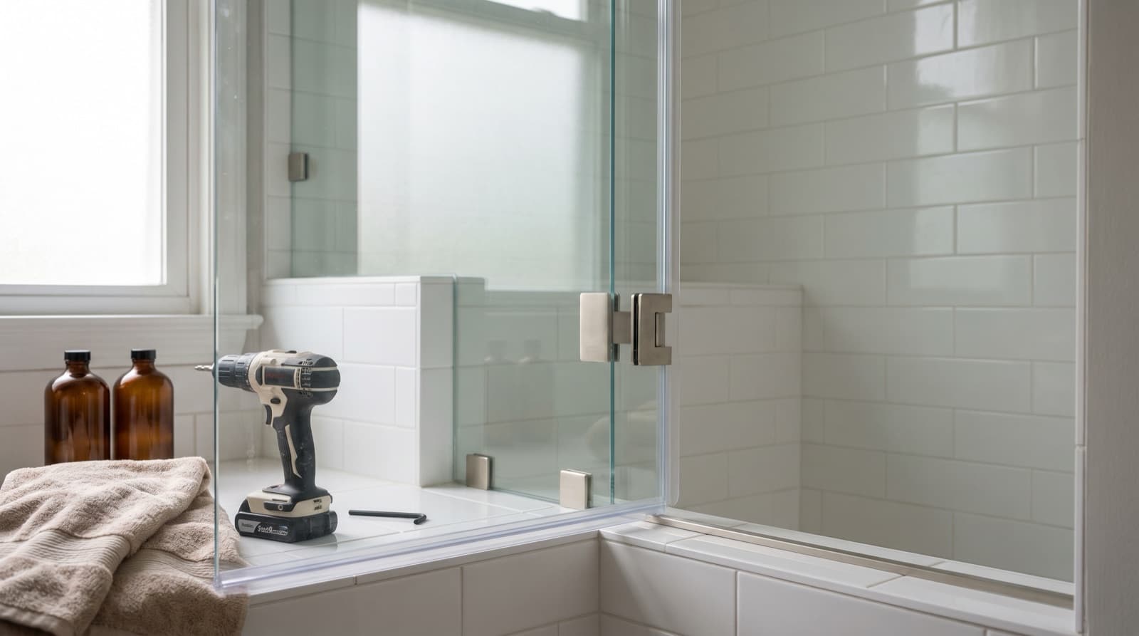 Frameless shower door on wall hinges with a drill resting on the curb